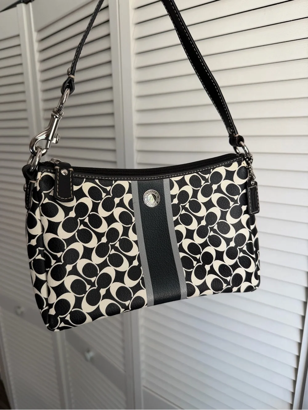 Y2K Coach Signature Print Small Shoulder Bag Black White Leather